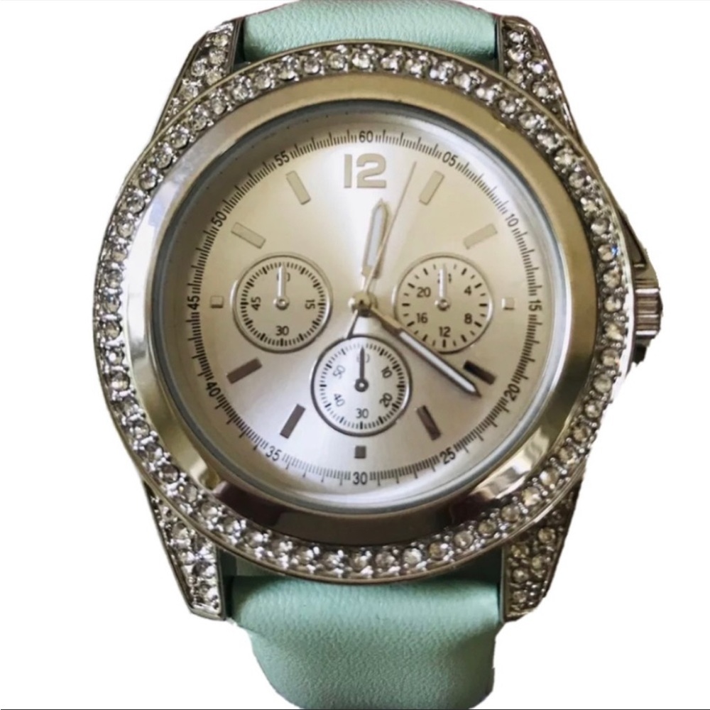 Oversized Womens Wrist Watch Aqua Faux Leather Simulated Pavé Diamonds Gift Box